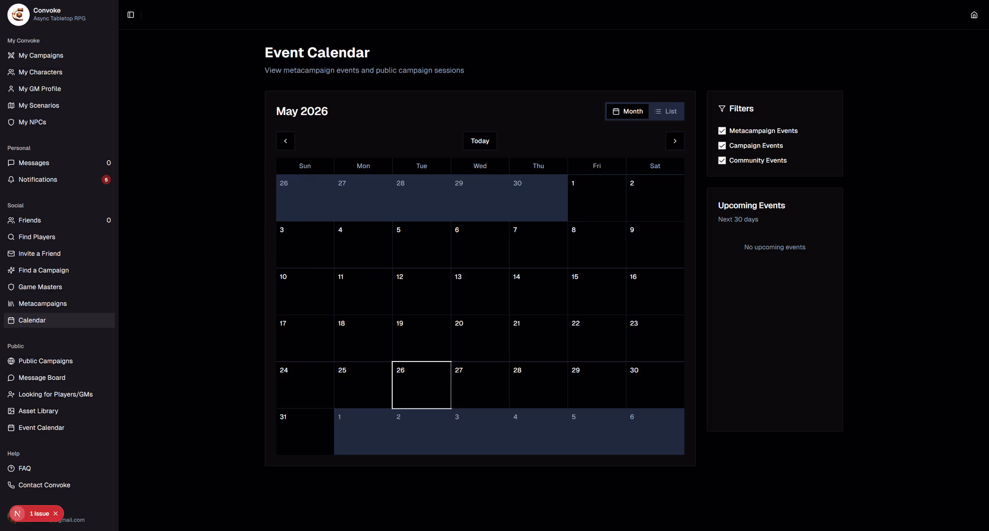 Calendar events page