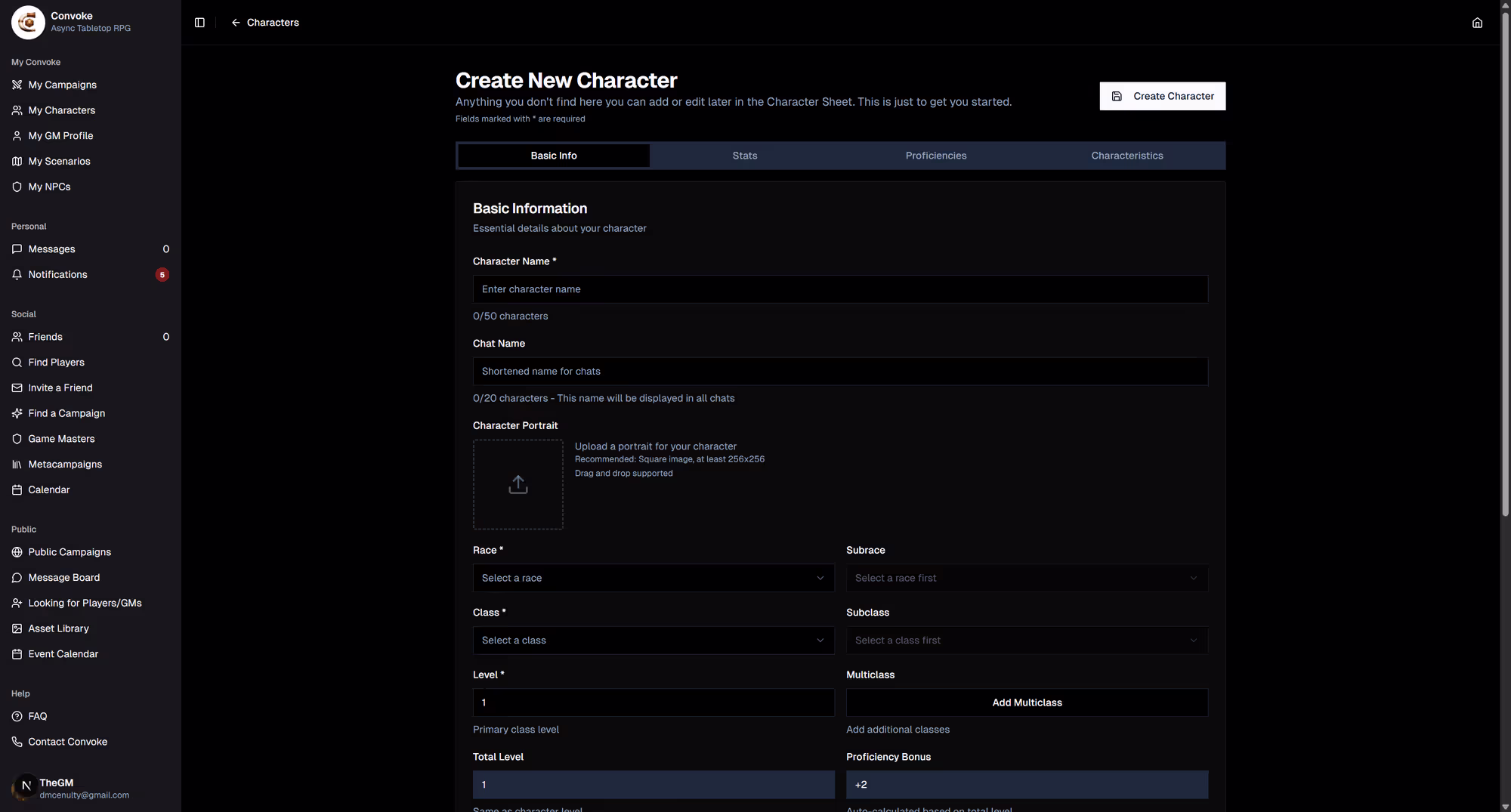 Character creation create button