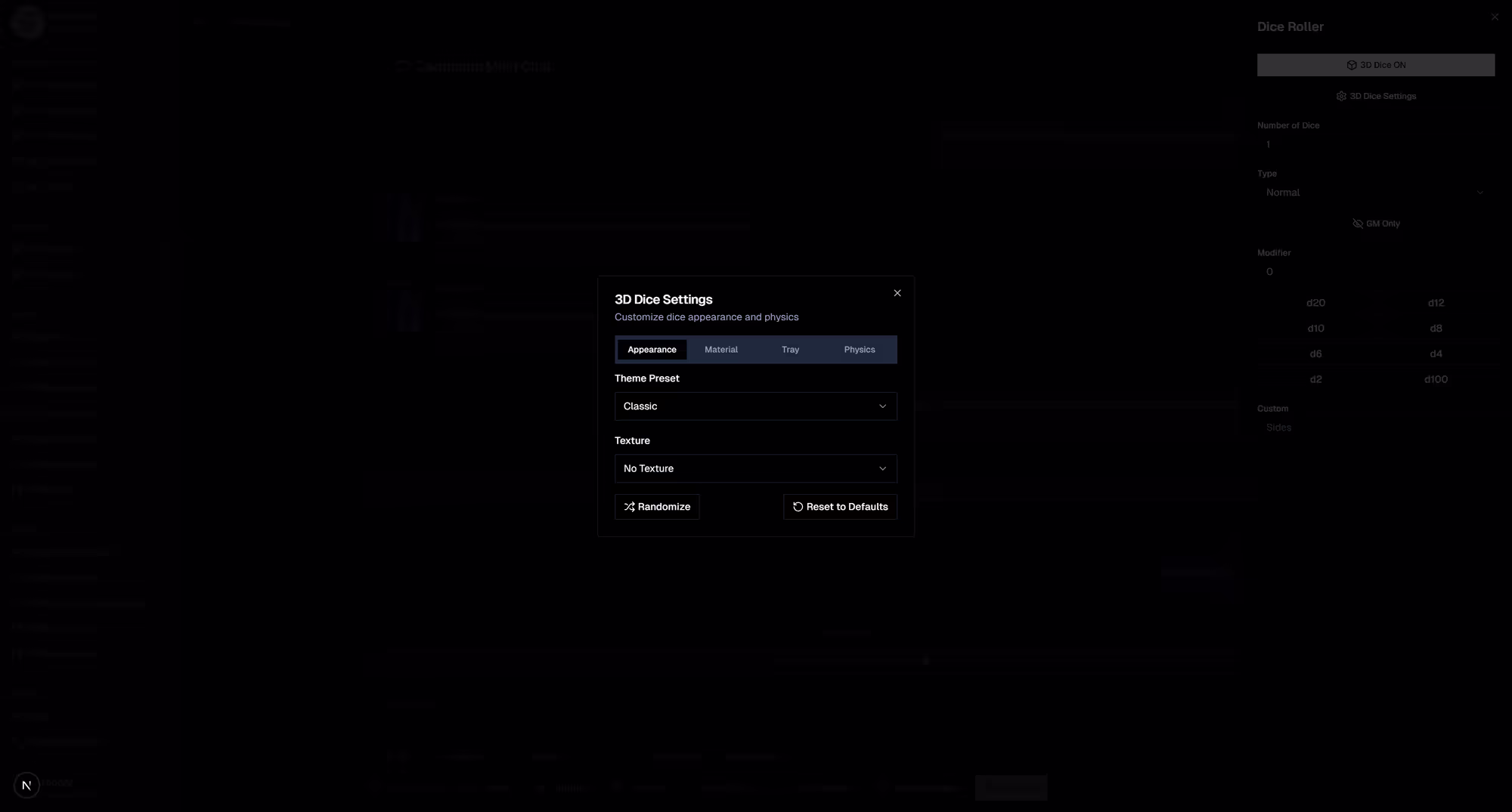 3D dice settings