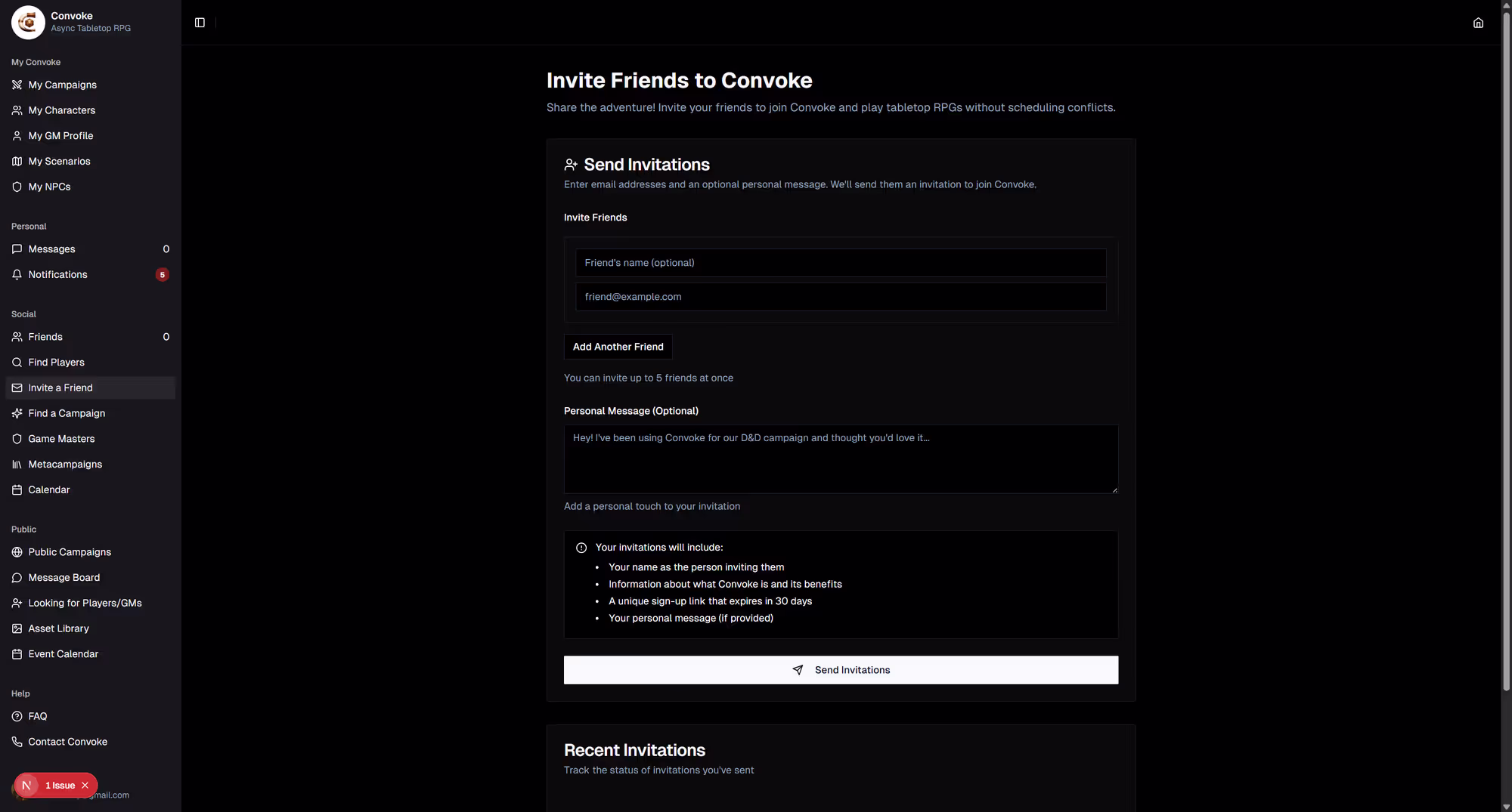 Invite a friend page
