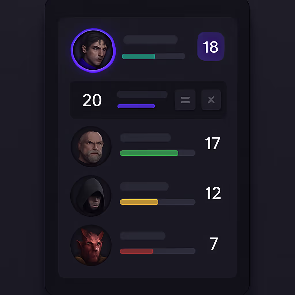 Combat initiative tracker showing turn order with character avatars and health bars