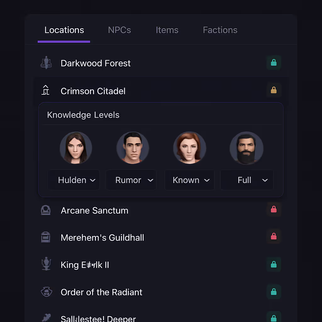 Lore wiki with per-player knowledge level access controls