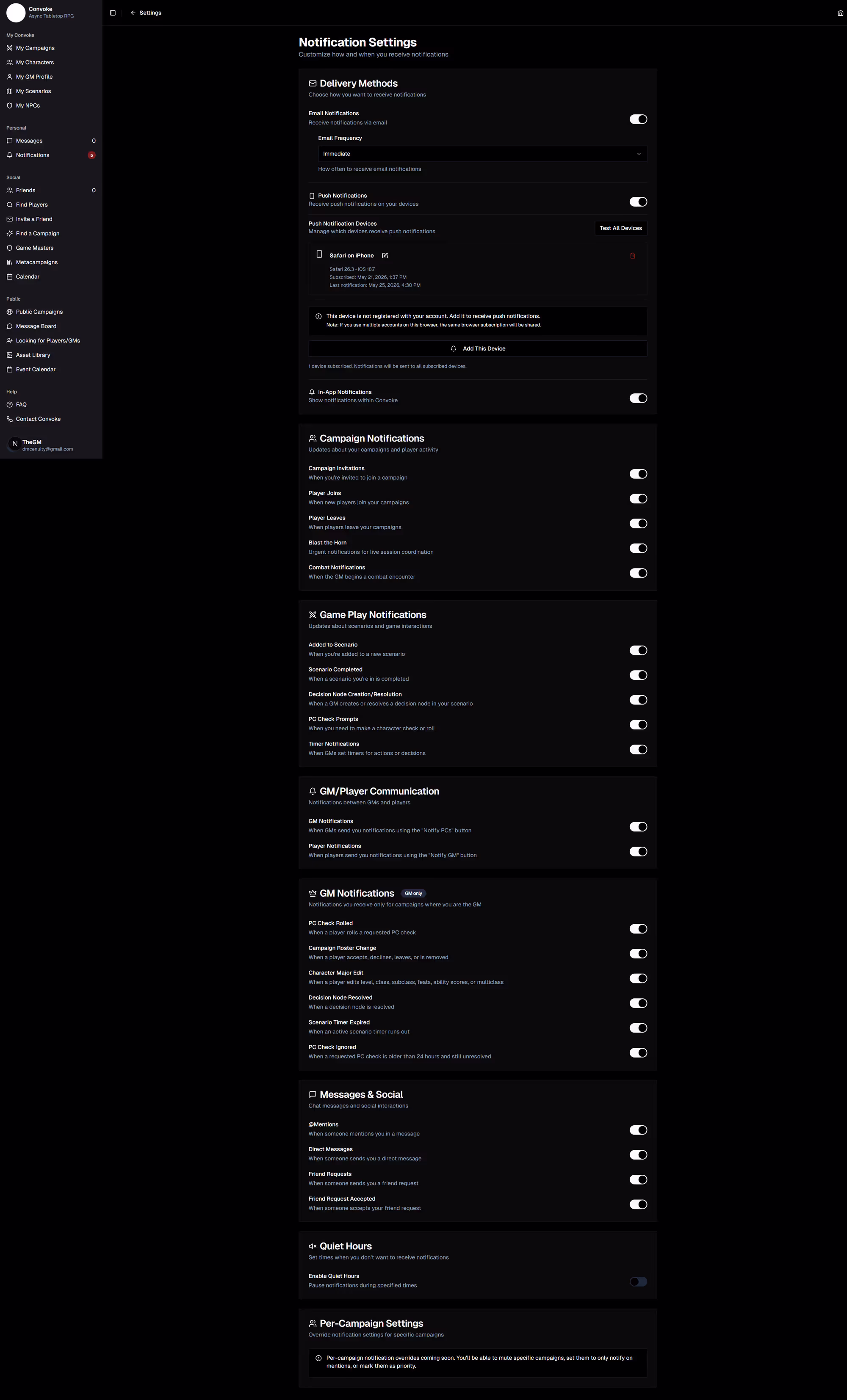 Notification settings page