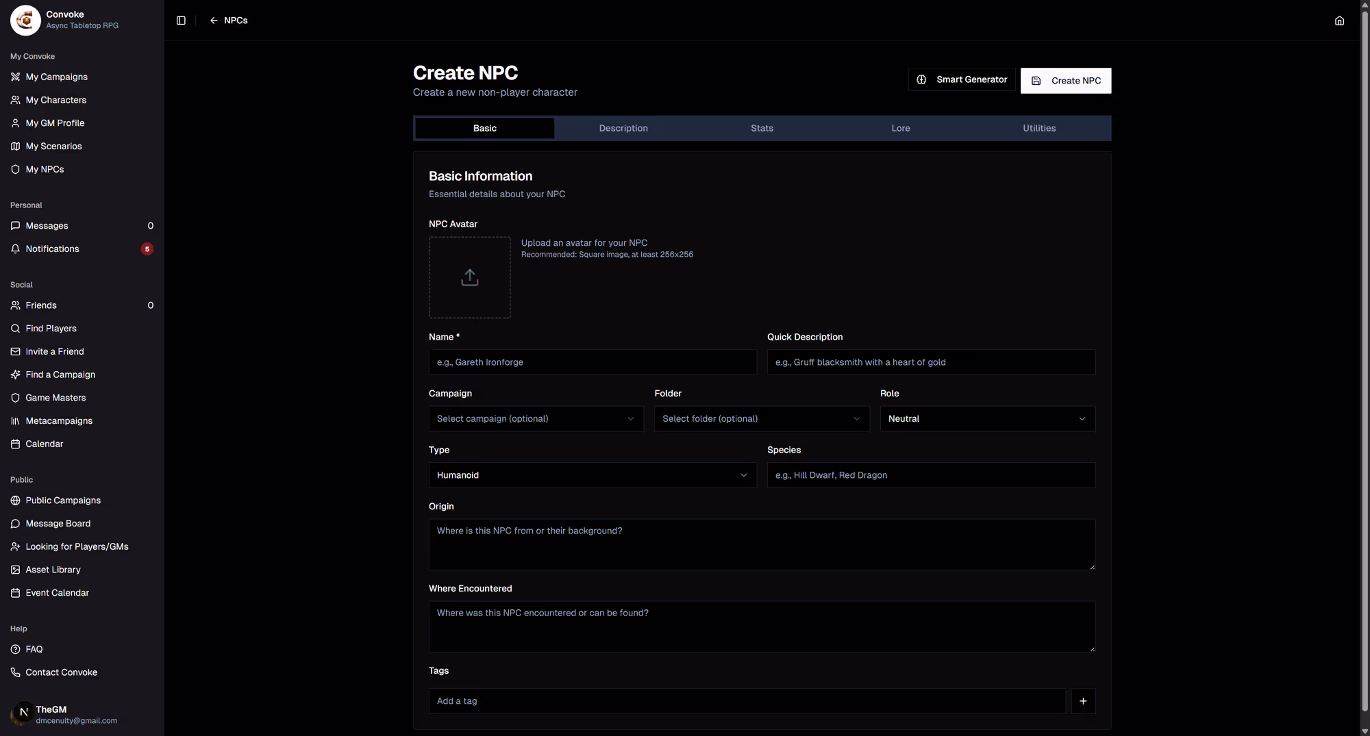 NPC creation form