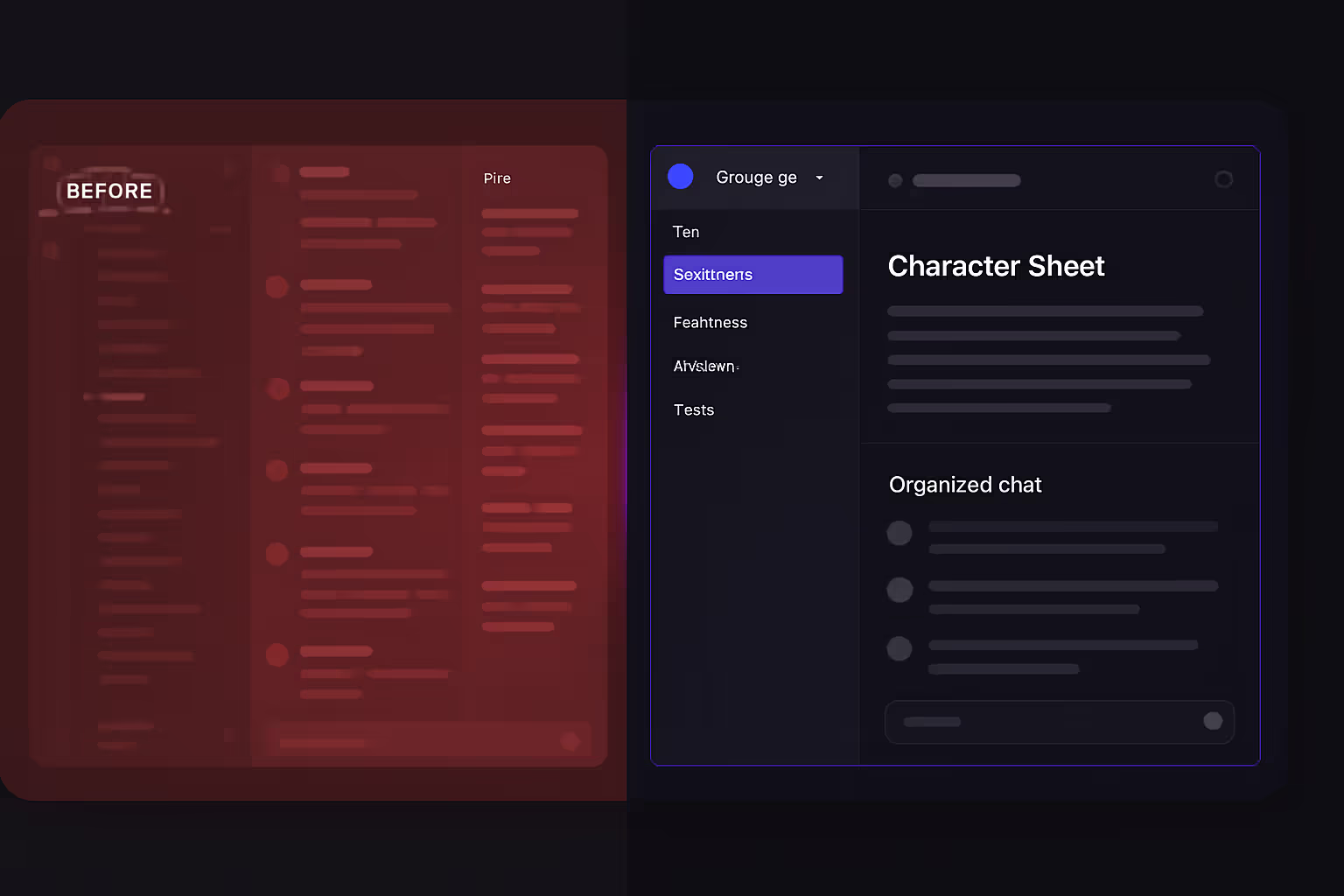 Before and after comparison: cluttered chat app versus organized Convoke campaign dashboard