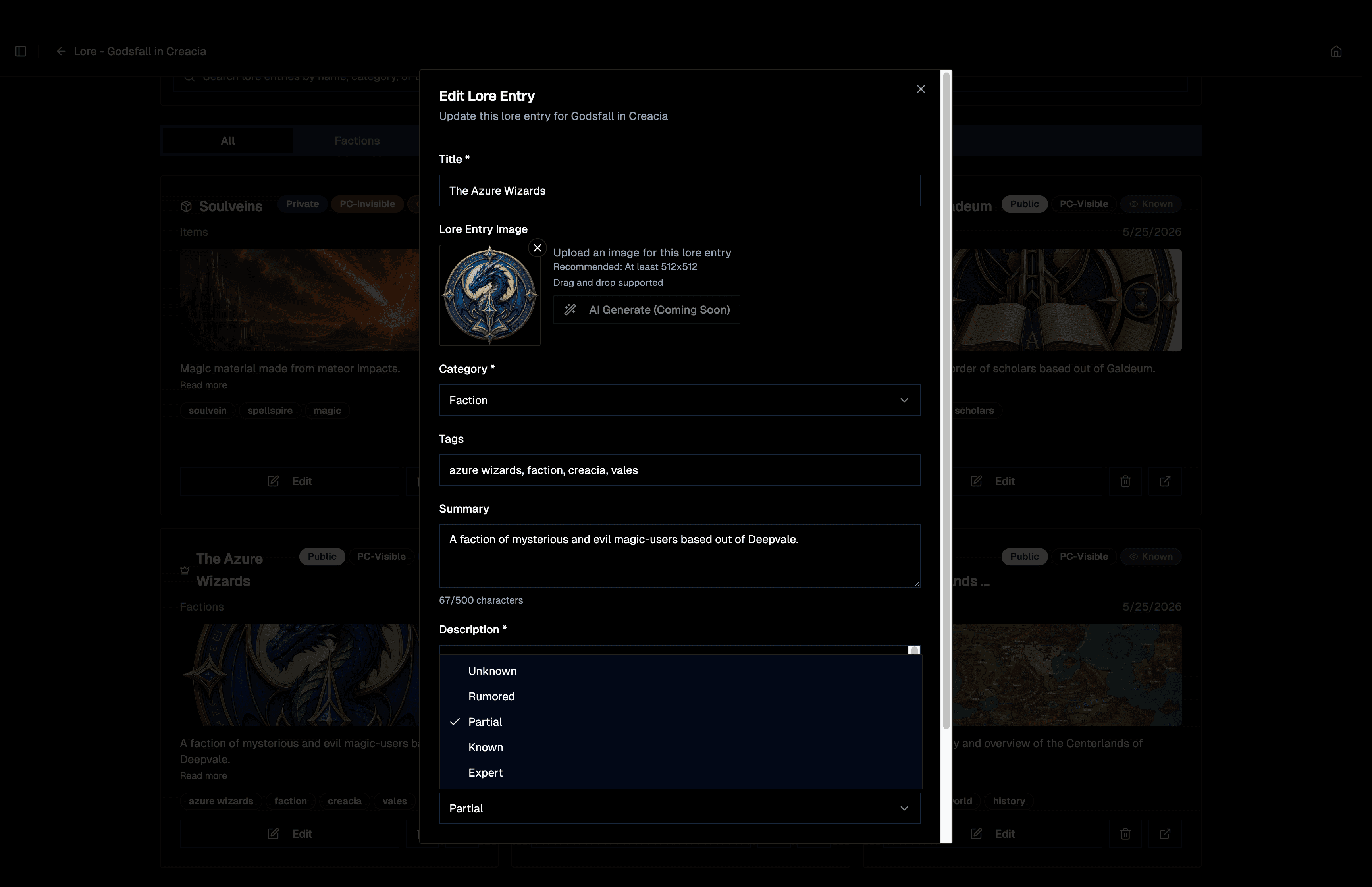 Lore wiki with player-knowledge tracking