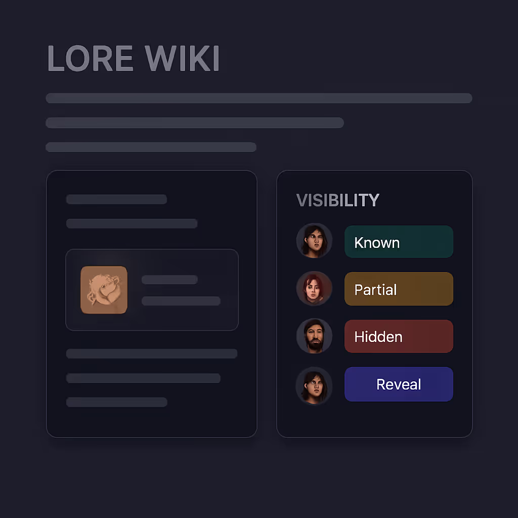 Lore wiki entry with visibility controls showing Known, Partial, and Hidden access levels