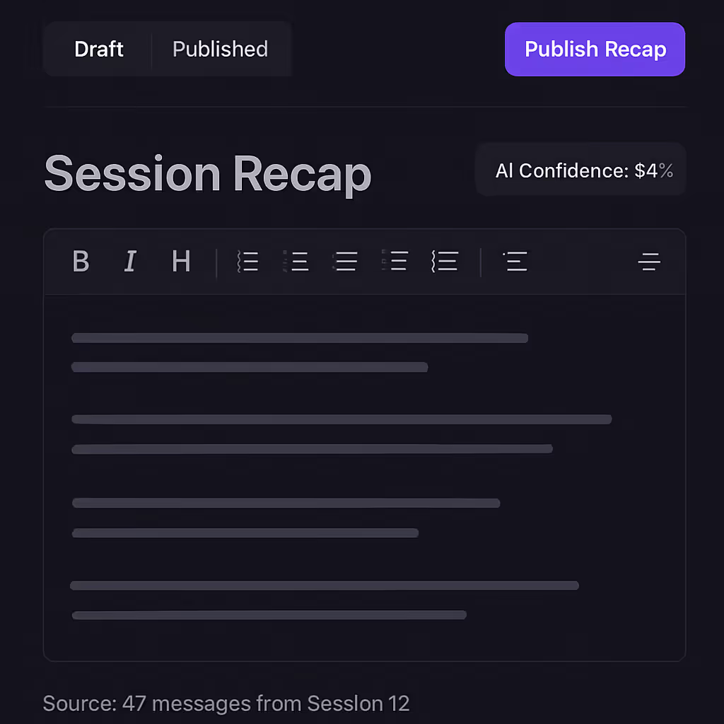 Campaign Scribe AI-generated session recap editor with publish button