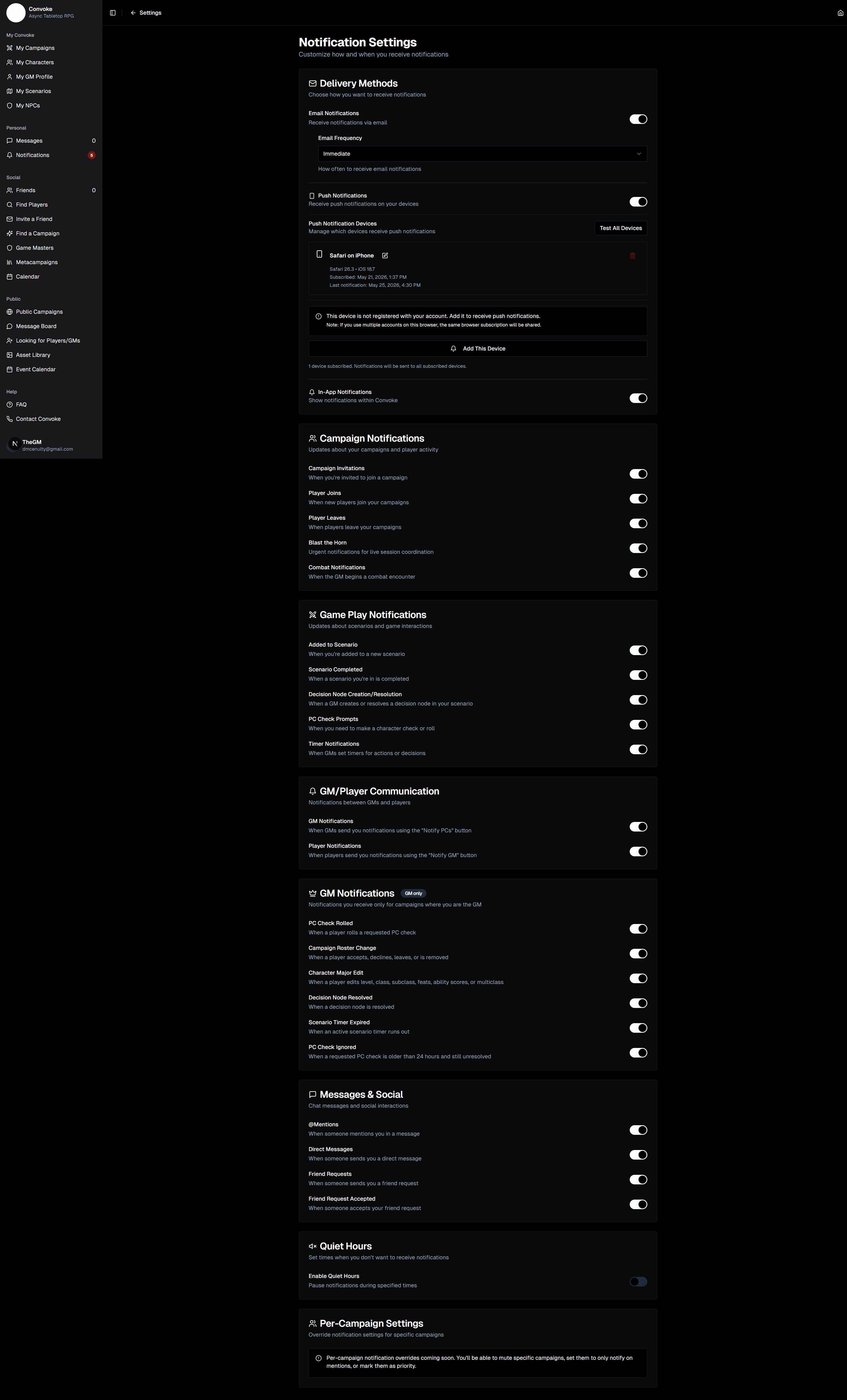Notification settings page