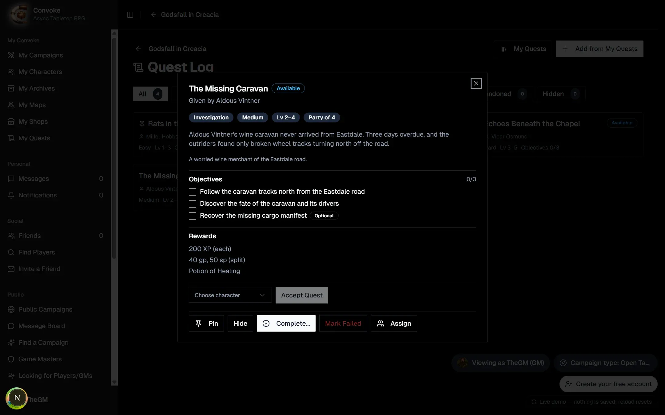 Quest detail with objectives and rewards