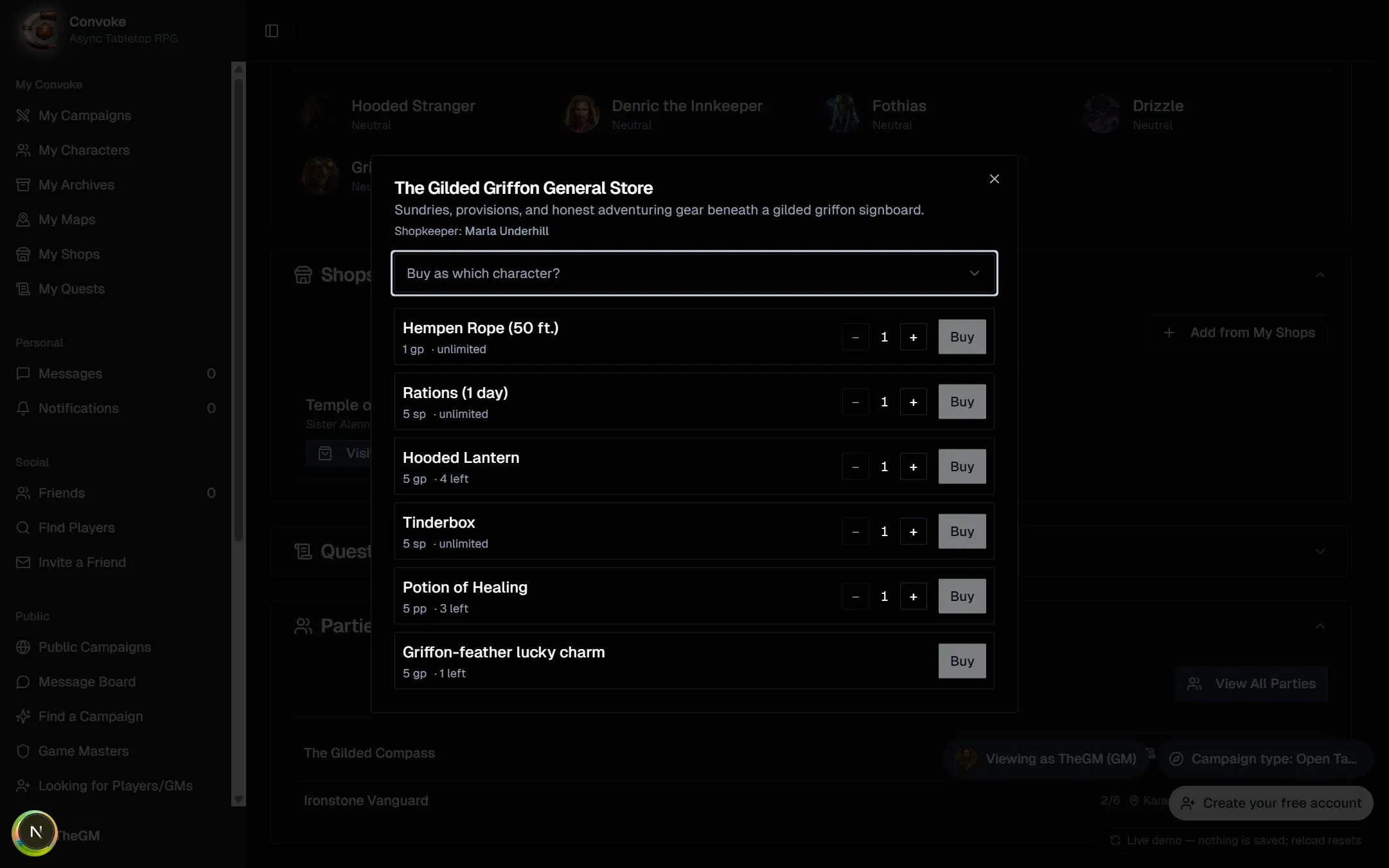 In-world shop purchase dialog